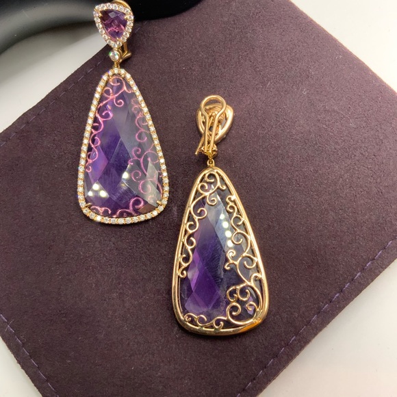 Pair of 18k gold dangle containing almost 45 ctw of two amethysts and diamonds